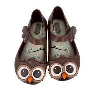 Mini Melissa Mary Jane Owl Shoes Girl Size 8 Brown Adjustable Strap Animal Lover